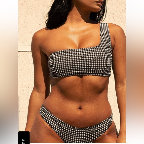 Nasty Gal Brave Soul Gingham Bikini Set Women’s NWT one shoulder high rise - Picture 1 of 8